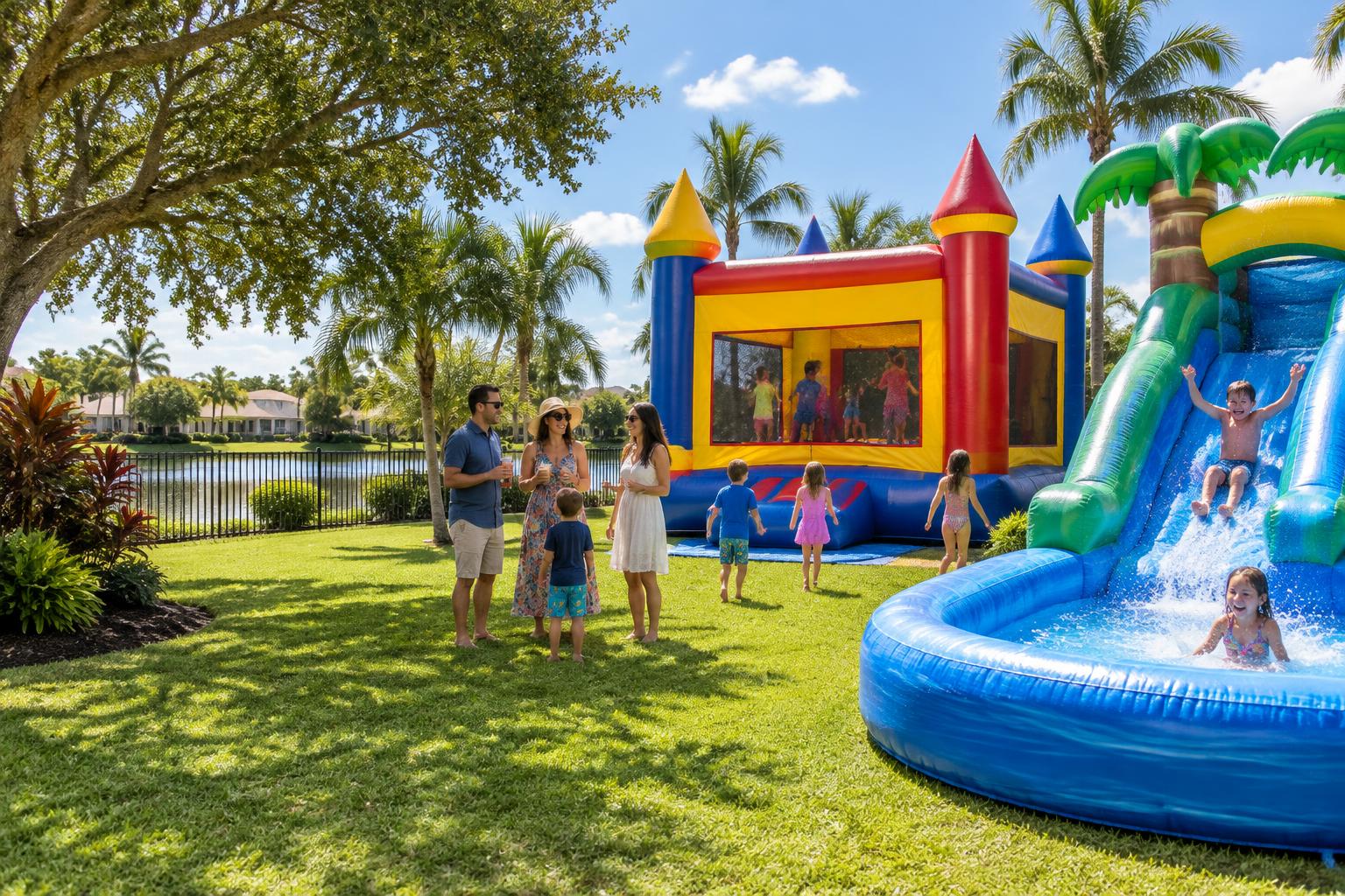 A sunny backyard party with a colorful bounce castle and waterslide